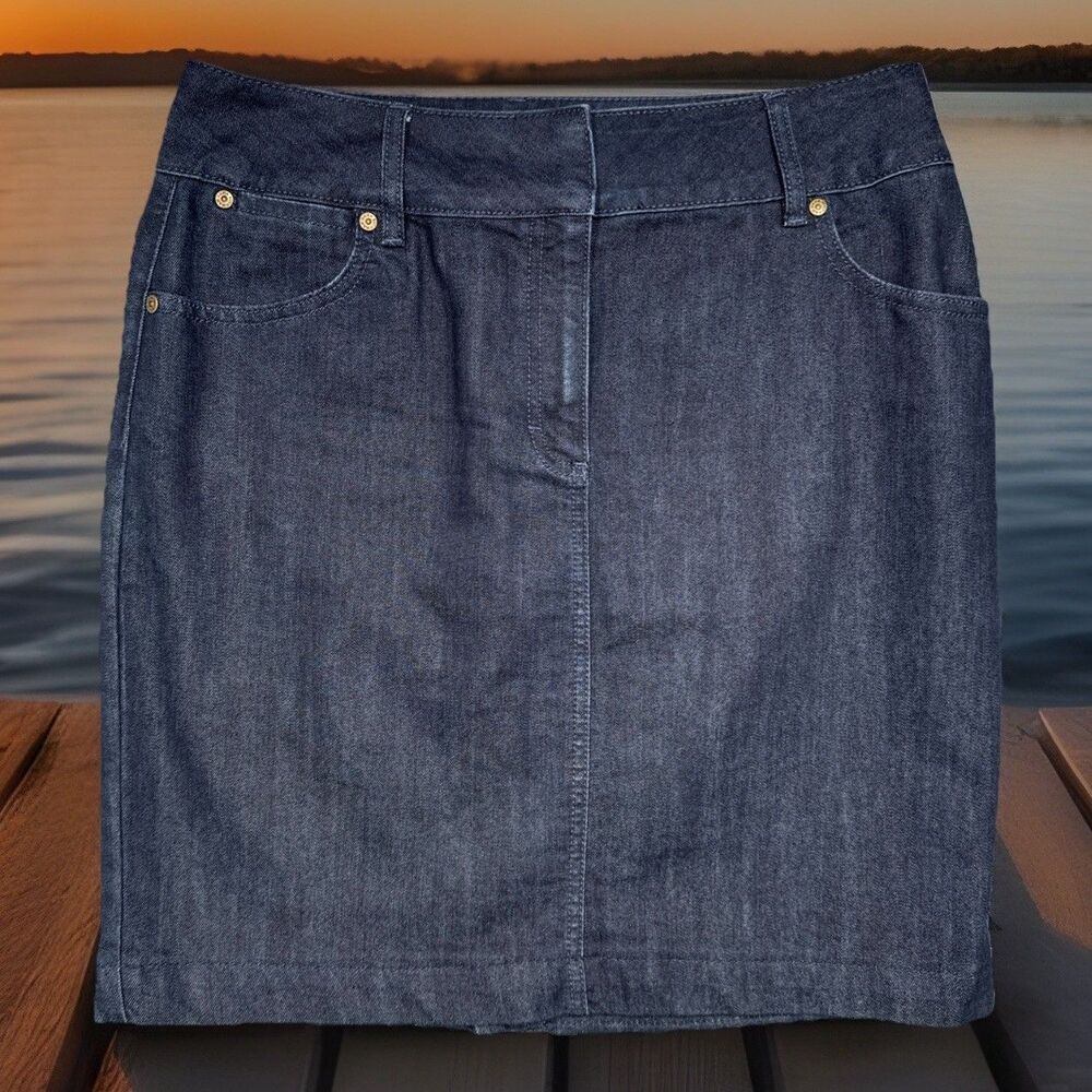 Dana Buchman Denim Skirt 10 (W31 Length 20) Dark Wash Blue Denim Stretch Womens